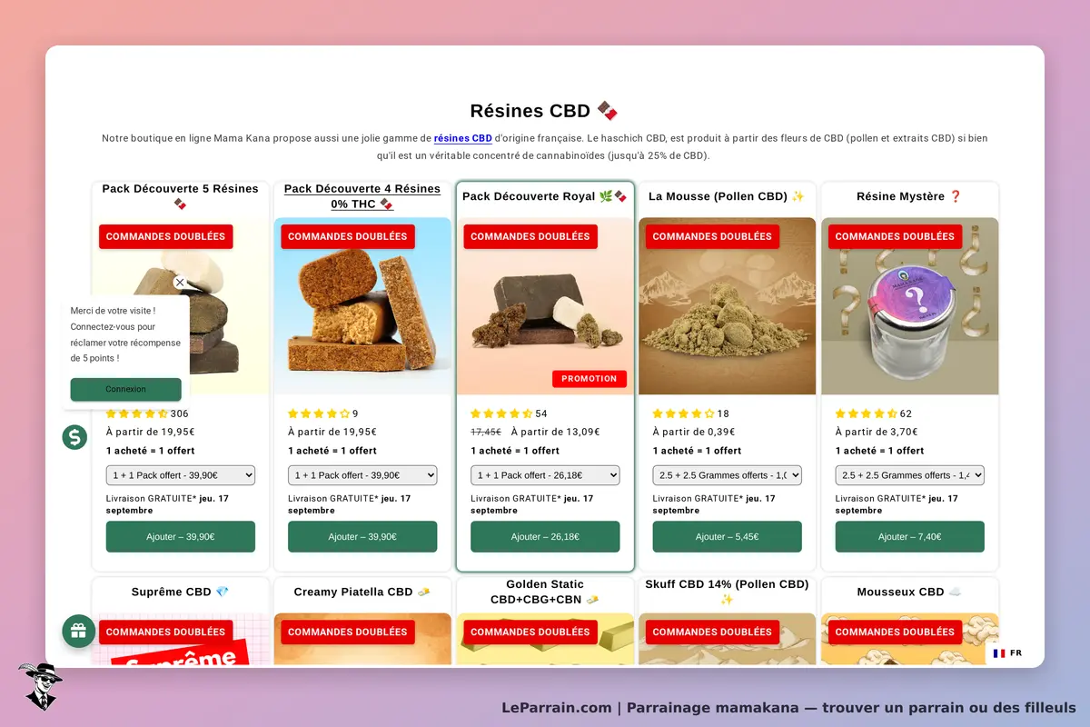 Mamakana : page d'accueil présentant des résines CBD avec plusieurs produits et options d'achat