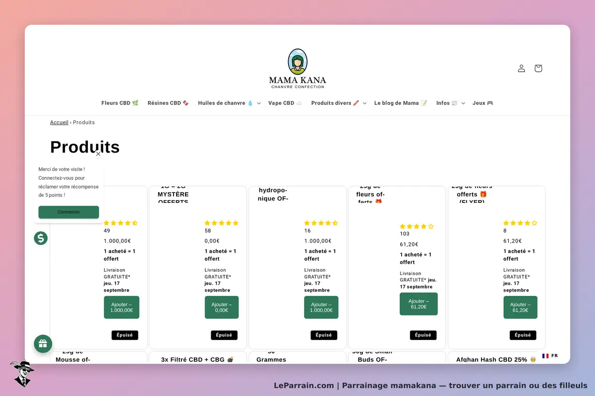 mamakana : mAMA KANA : page des produits avec plusieurs articles affichés et options d'ajout au