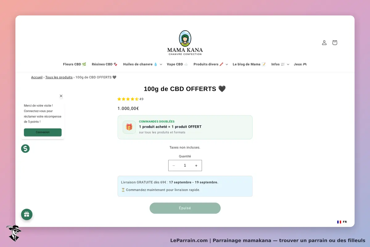 mamakana : mAMA KANA : page produit avec un article de 100g de CBD et un message d'épuisement