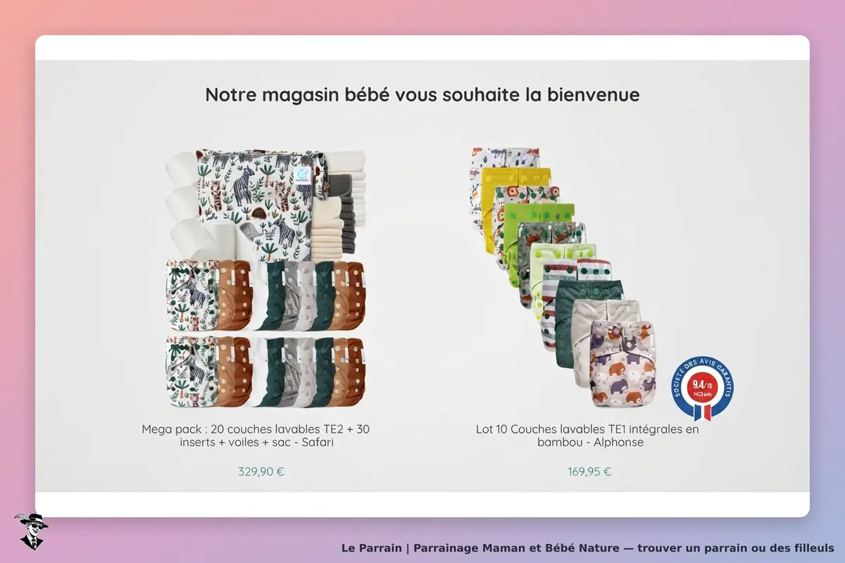Maman et Bébé Nature : page d'accueil avec des couches lavables et un message de bienvenue