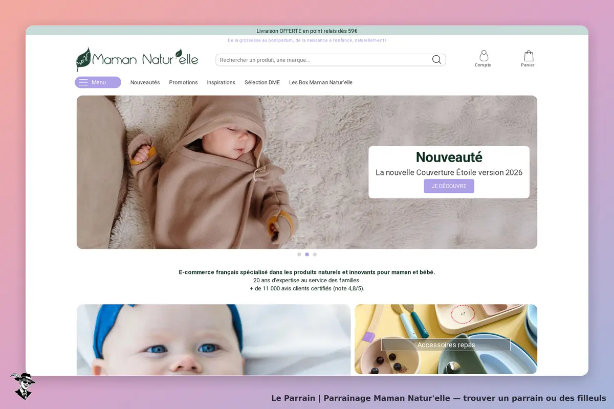 Maman Natur'elle : page d'accueil présentant un bébé avec une couverture et des produits pour