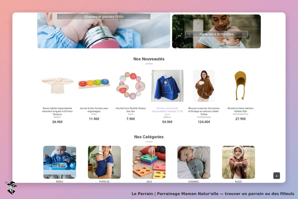 Maman Natur'elle : page d'accueil avec produits pour bébés et catégories de vêtements