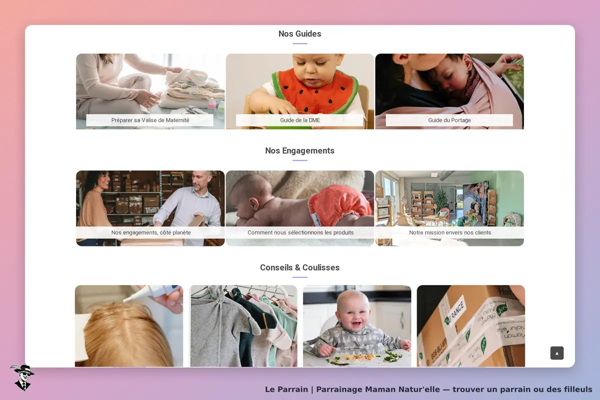 Maman Natur'elle : page d'accueil avec des sections sur les guides et engagements