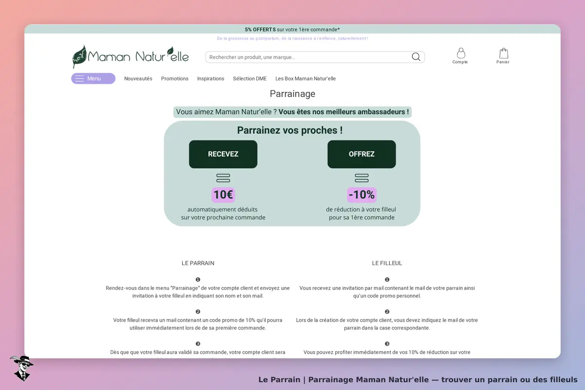 Maman Natur'elle : page de parrainage avec options pour le parrain et le filleul