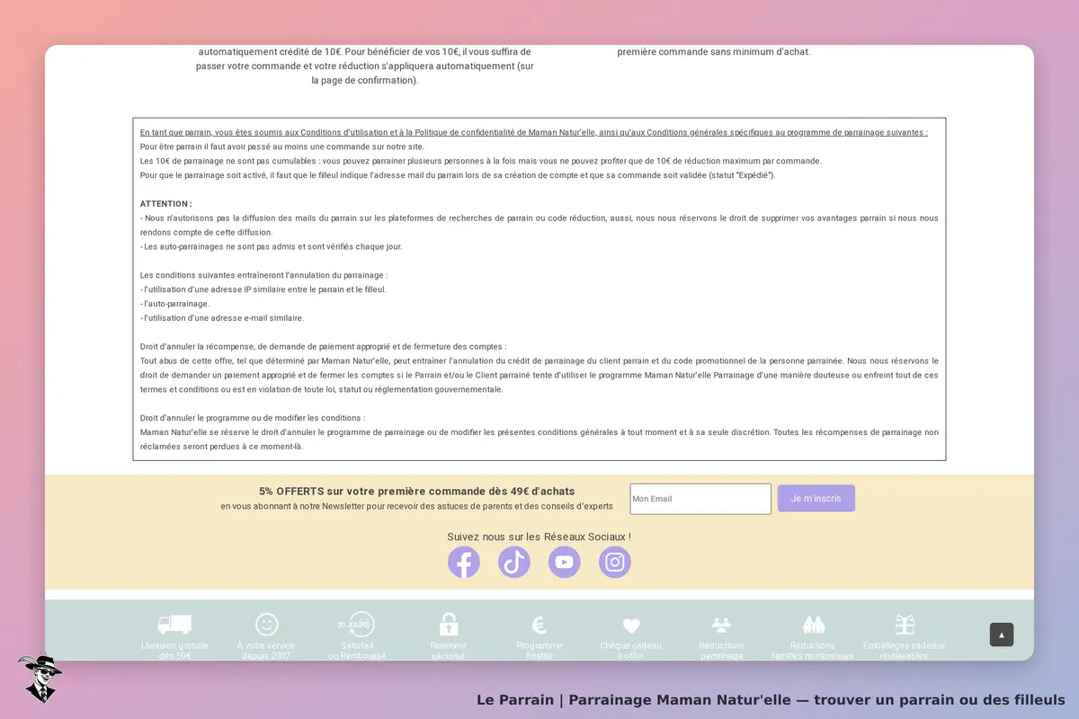 Maman Natur'elle : section inférieure avec conditions de parrainage et formulaire d'inscription