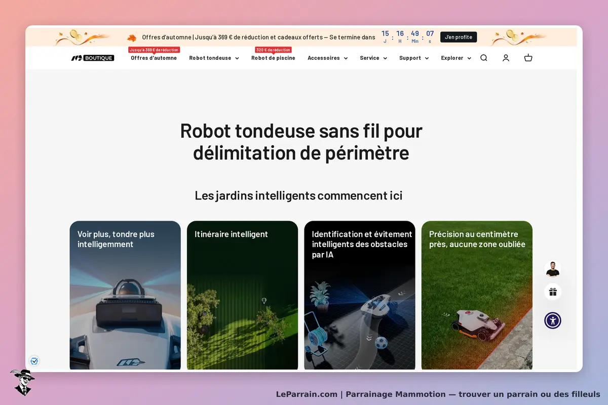 Mammotion : page d'accueil avec robot tondeuse et fonctionnalités présentées en vignettes