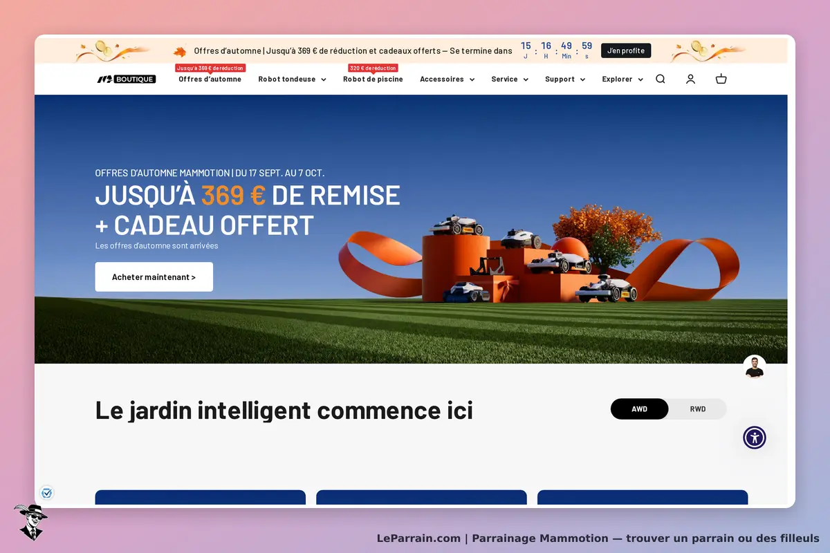 Mammotion : page d'accueil avec robots tondeuses sur un socle et slogan "Le jardin intelligent