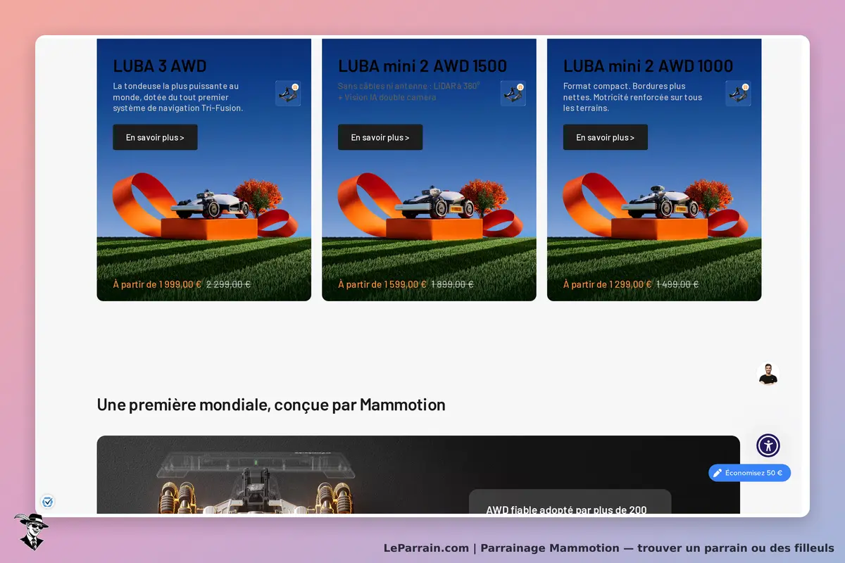 Mammotion : trois modèles de tondeuses robotisées avec descriptions et images sur fond vert
