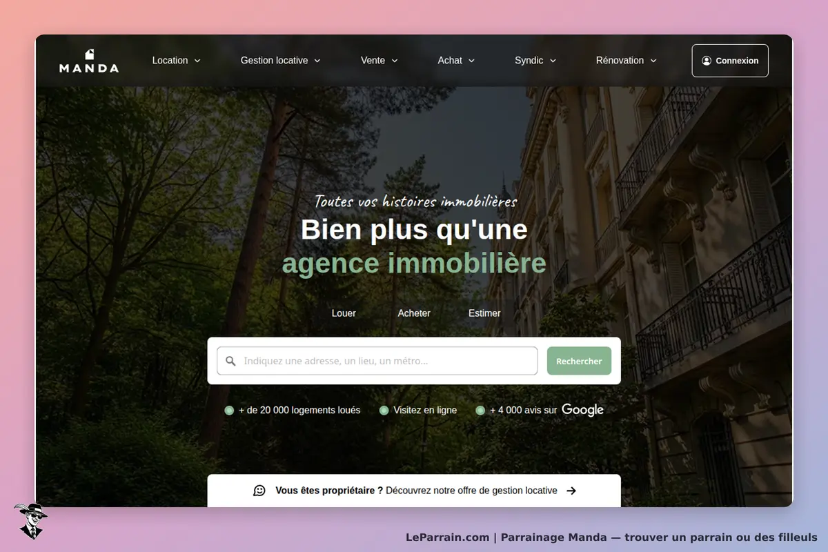 Manda : page d'accueil avec un champ de recherche et un message sur l'agence immobilière