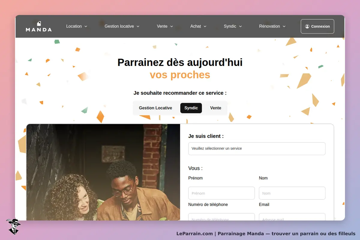 Manda : page d'accueil avec formulaire de parrainage et image de deux personnes souriantes
