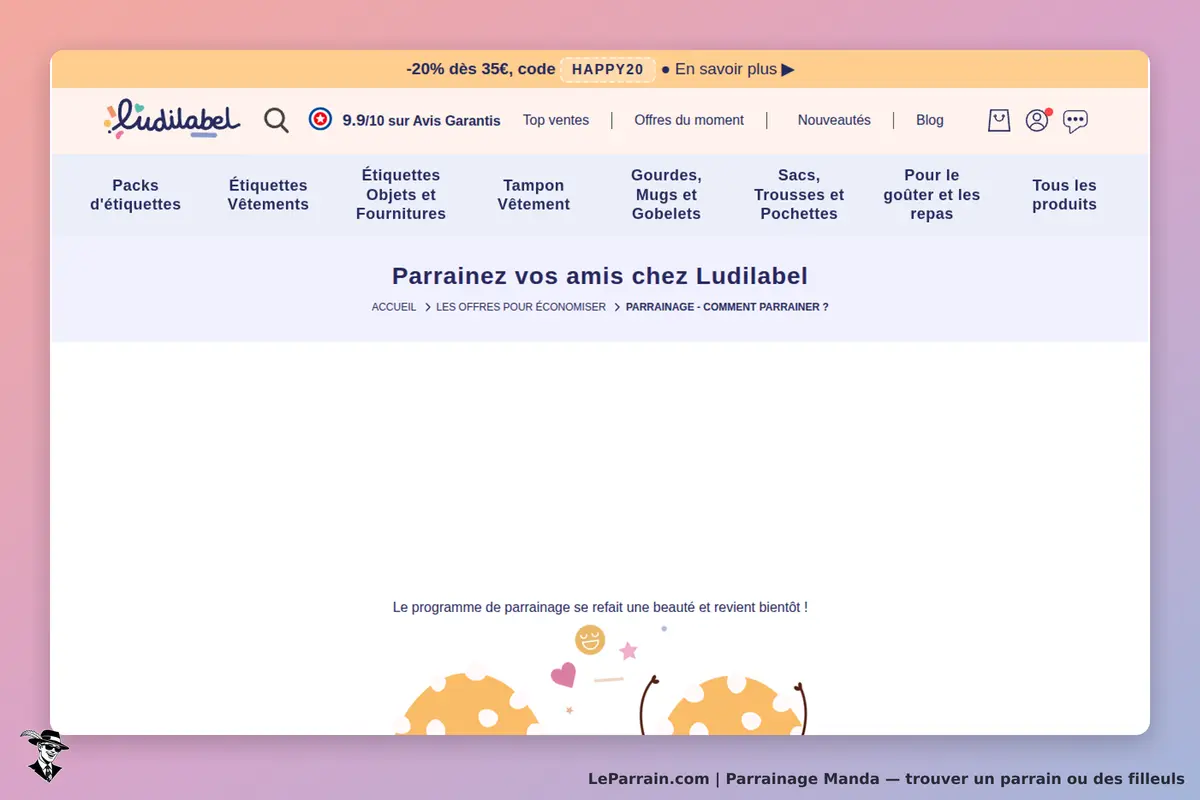 Manda : ludilabel : page de parrainage avec un message d'attente et des illustrations colorées en