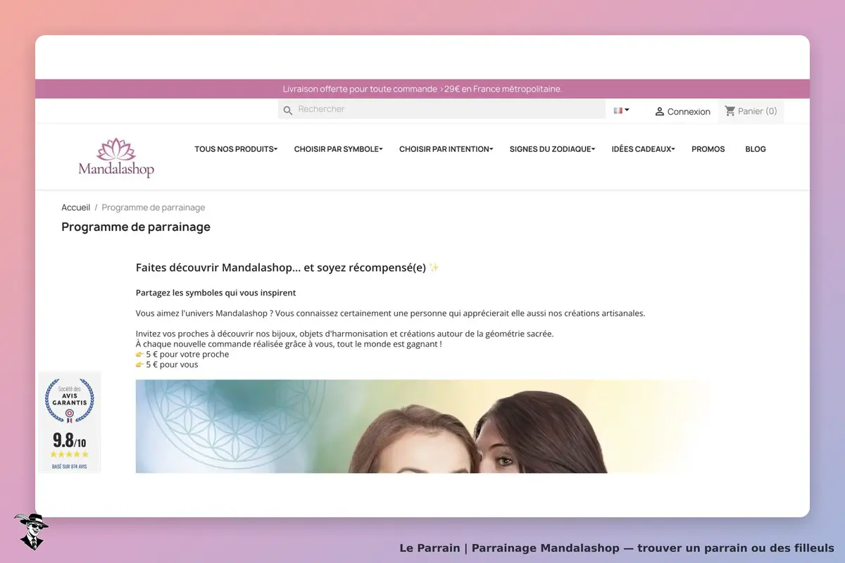 Programme officiel Mandalashop : bon de 5 € au filleul et crédit de 5 € au parrain après commande validée
