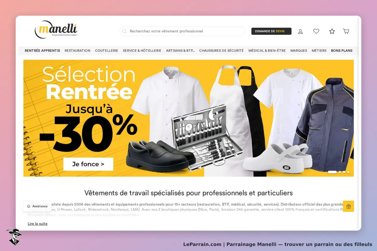 Manelli : page d'accueil avec sélection de vêtements professionnels et outils sur fond jaune
