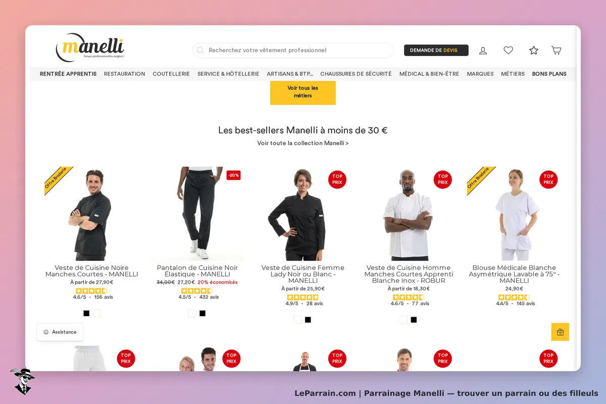 Manelli : page d'accueil affichant des vêtements professionnels et des best-sellers