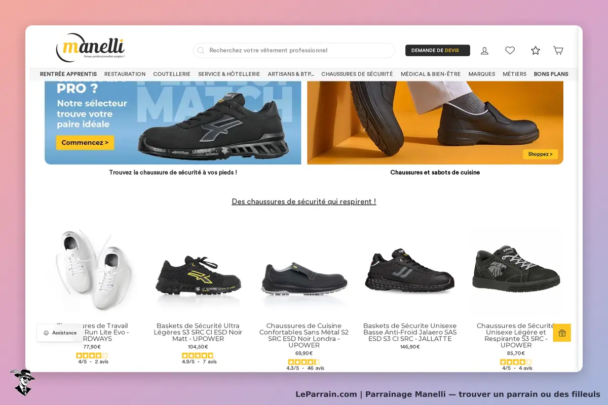 Manelli : page d'accueil avec divers modèles de chaussures de sécurité et de cuisine