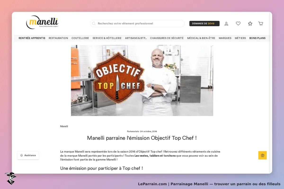 Manelli : page présentant le partenariat avec l'émission Objectif Top Chef et un chef cuisinier