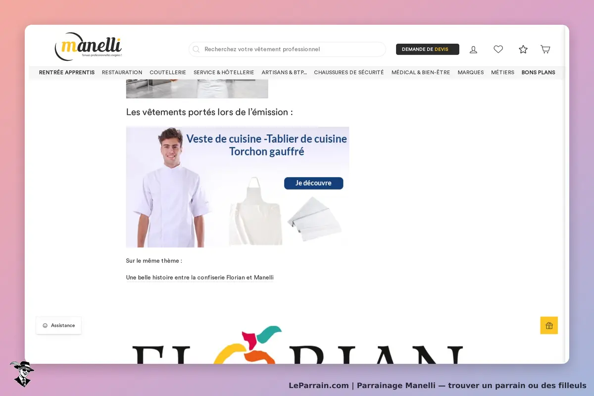 Manelli : page d'accueil présentant un modèle en veste de cuisine et divers articles de cuisine