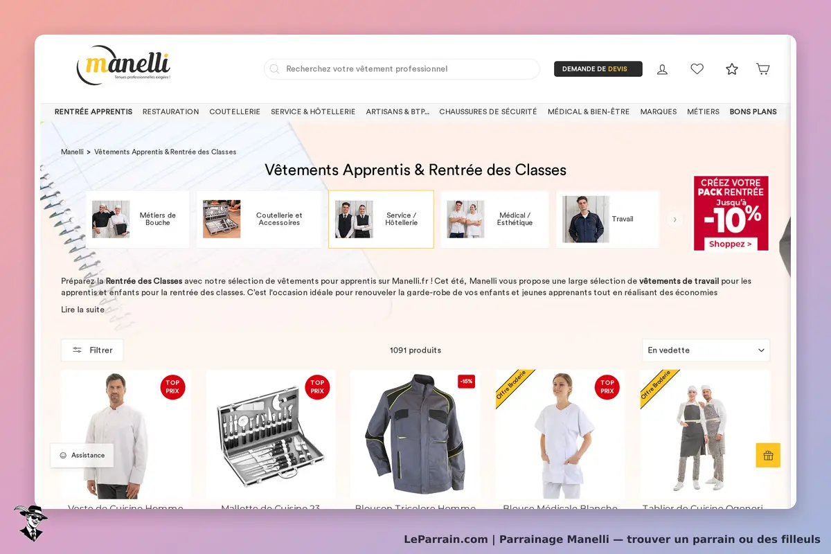 Manelli : page catégorie "Vêtements Apprenti & Rentrée des Classes" avec produits affichés