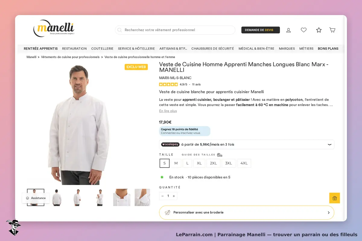 Manelli : veste de cuisine blanche pour homme avec boutons, présentée sur fond clair