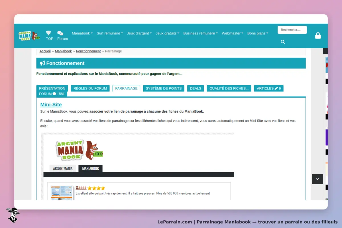 Maniabook : page d'accueil avec informations sur le parrainage et un mini-site