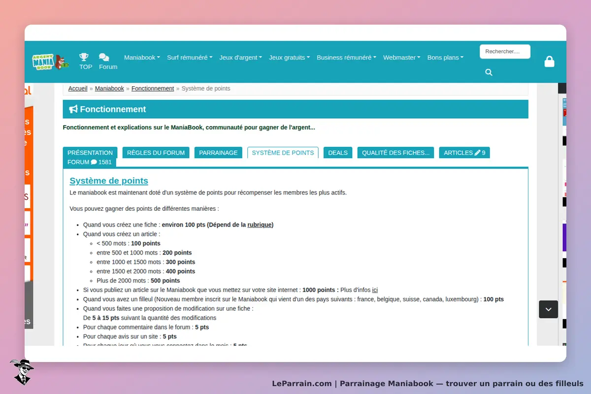 Maniabook : page présentant le système de points et les façons de gagner des points