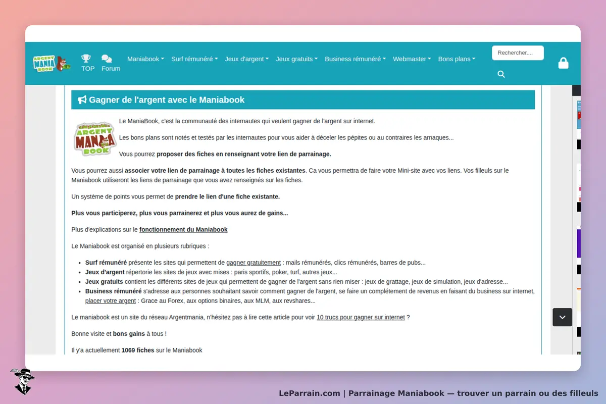 Maniabook : page d'accueil présentant des informations sur le parrainage et les gains