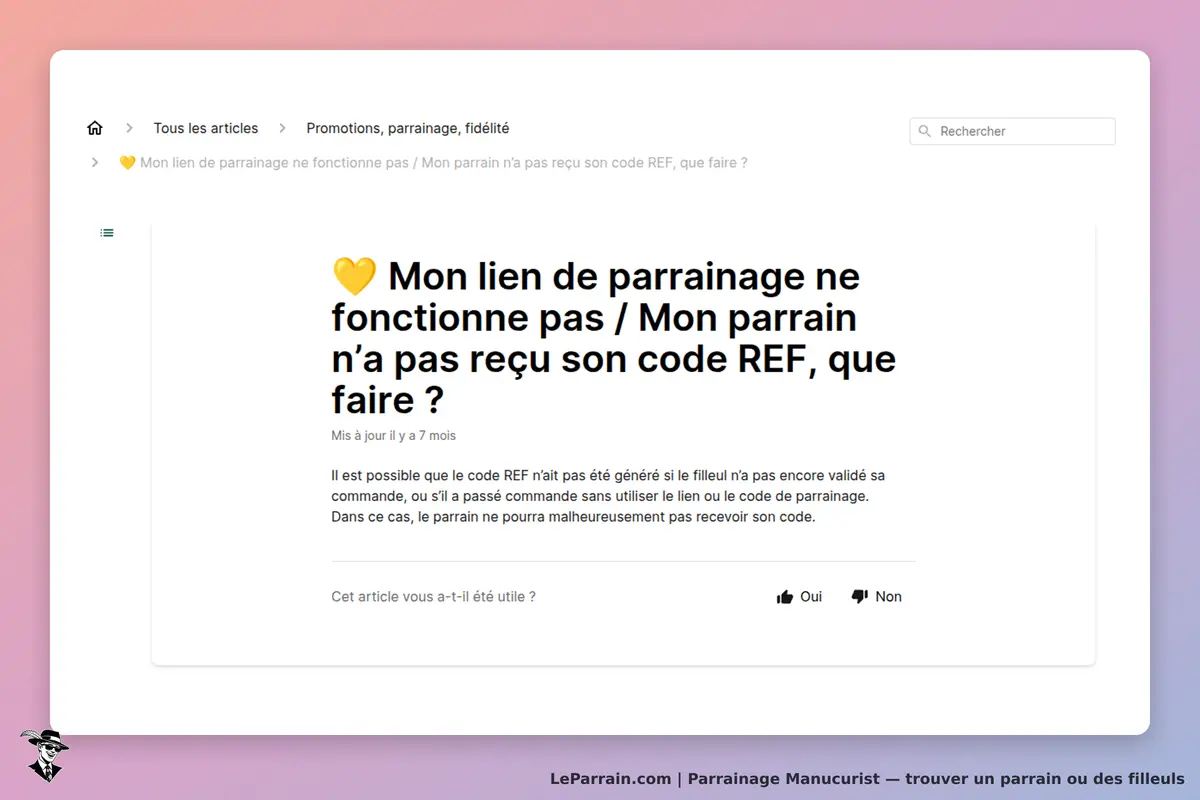 Manucurist : article sur les problèmes de lien de parrainage et code REF non reçu