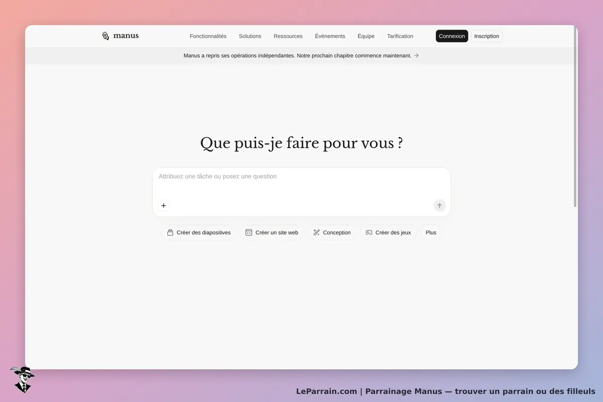 Manus : page d'accueil avec une zone de saisie et des options d'actions visibles