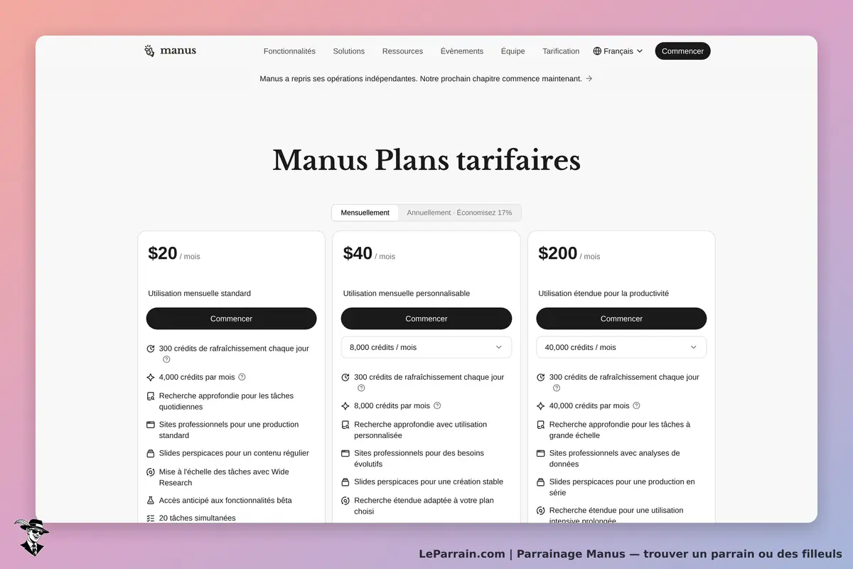 Manus : plans tarifaires avec trois options d'abonnement et détails des services inclus
