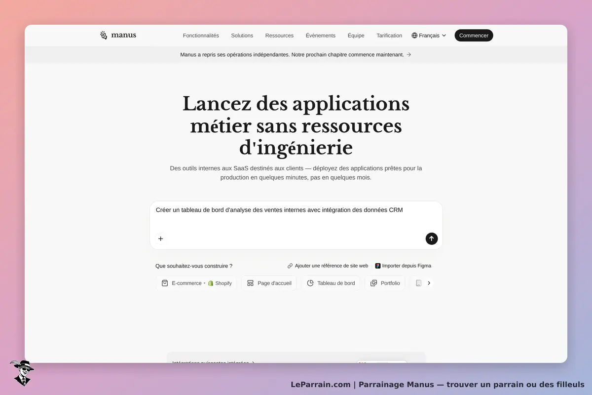 Manus : page d'accueil présentant un formulaire pour créer des applications métier
