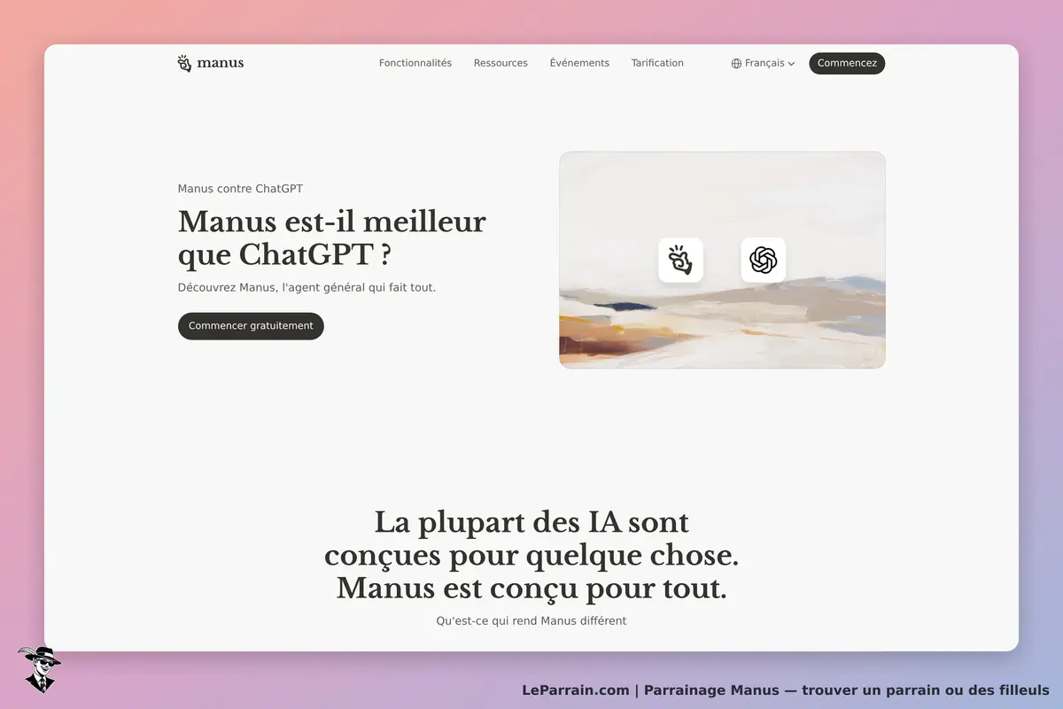 Manus : page d'accueil avec question sur ChatGPT et bouton pour commencer gratuitement