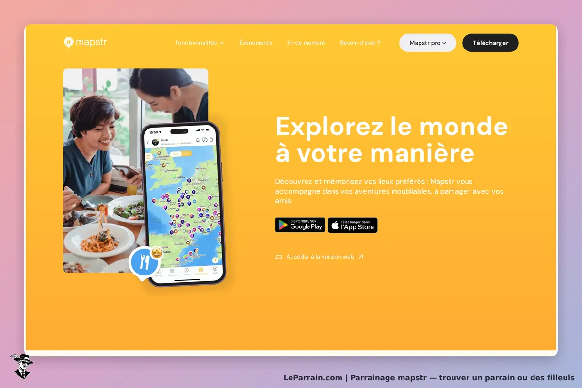 mapstr : page d'accueil avec un smartphone affichant une carte et des personnes autour d'un repas