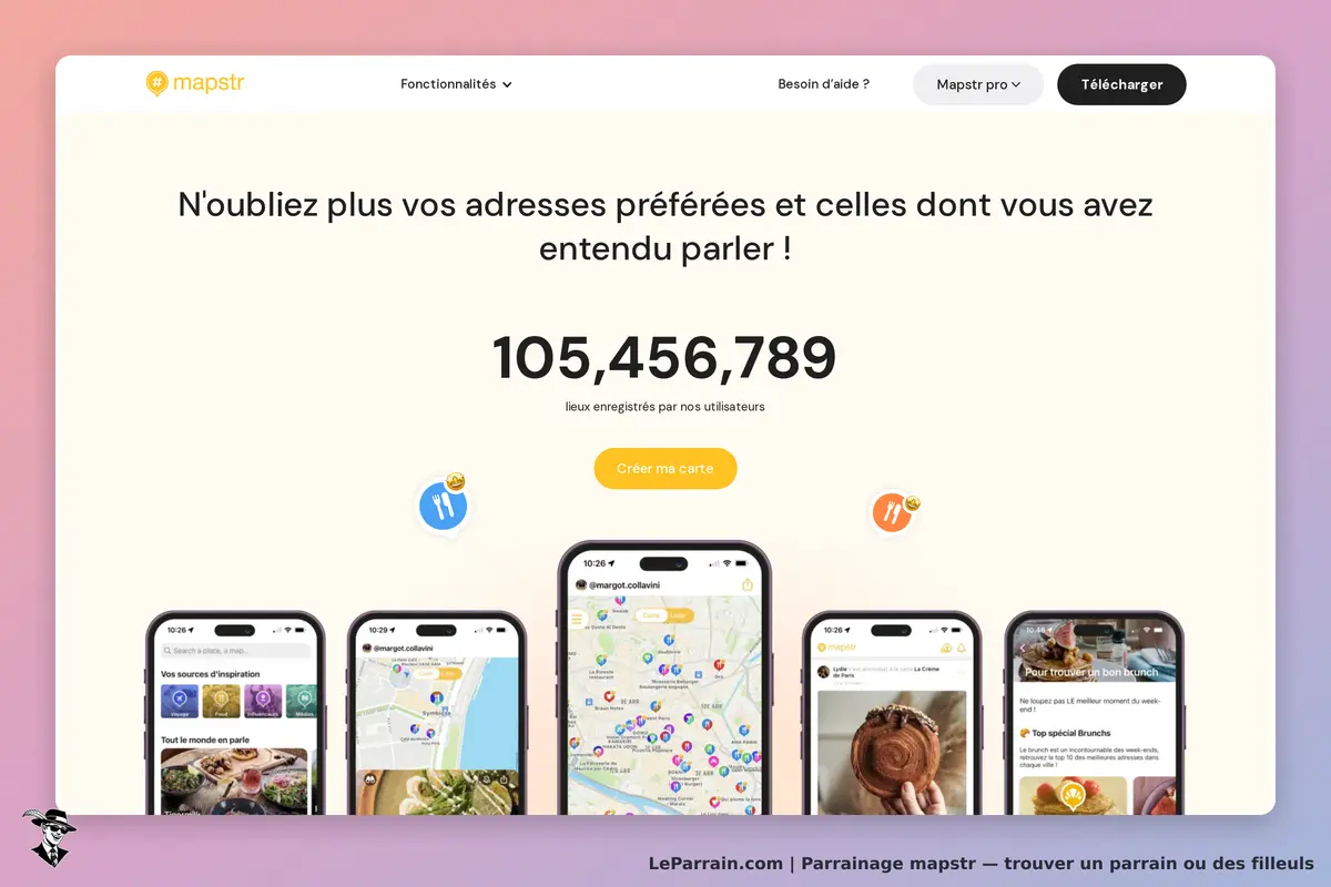 mapstr : page d'accueil avec un compteur de lieux et des smartphones affichant des cartes