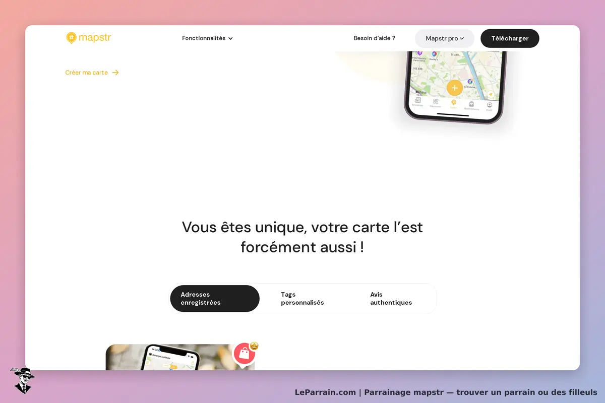 mapstr : page d'accueil avec slogan et options d'adresses, tags, avis et application mobile
