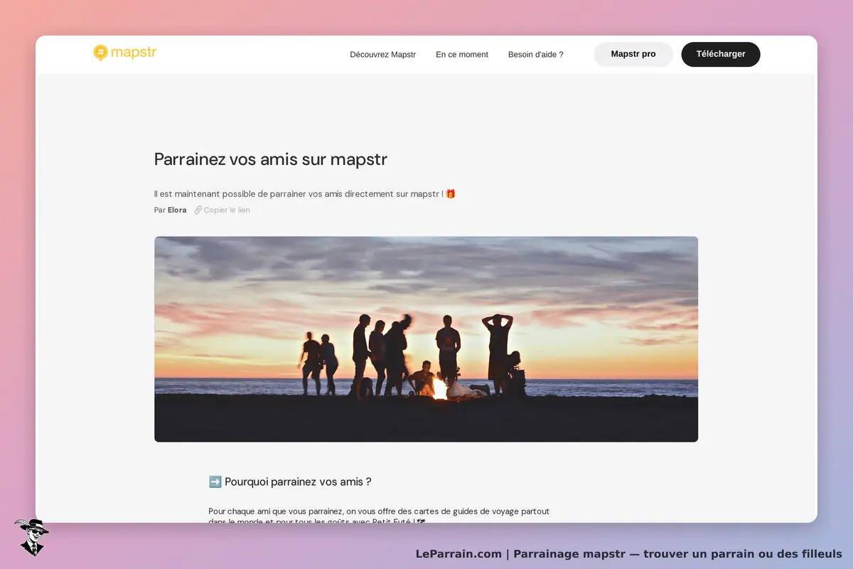 mapstr : page d'accueil avec un message sur le parrainage et une image de groupe au coucher de