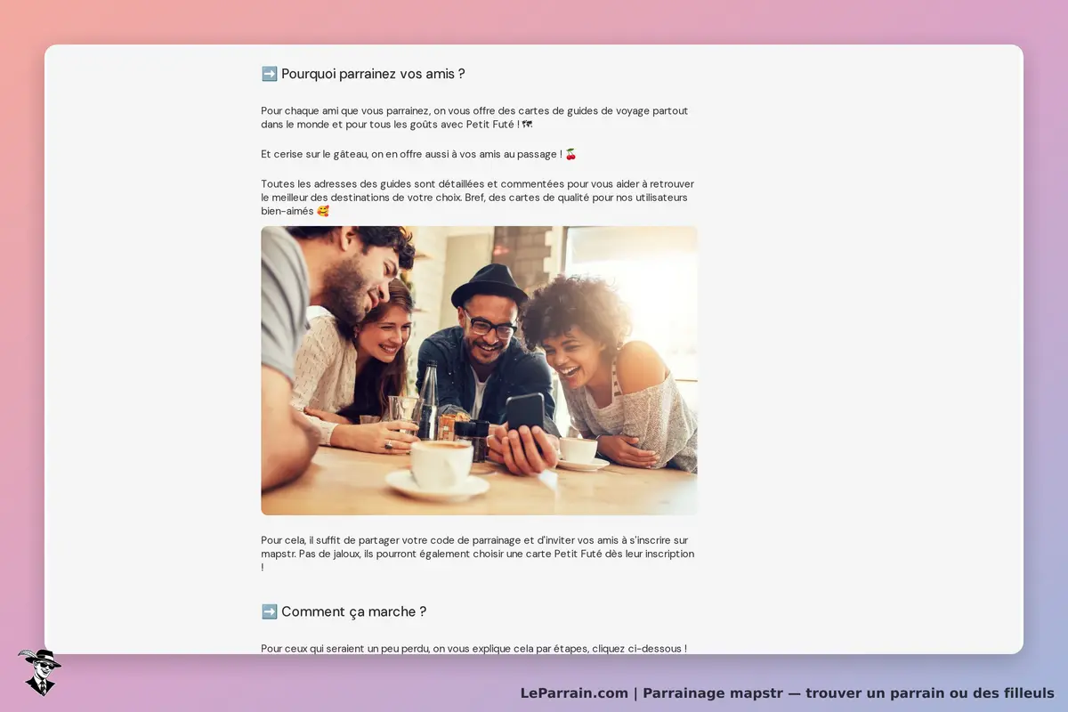 mapstr : section sur le parrainage avec un groupe d'amis regardant un téléphone ensemble