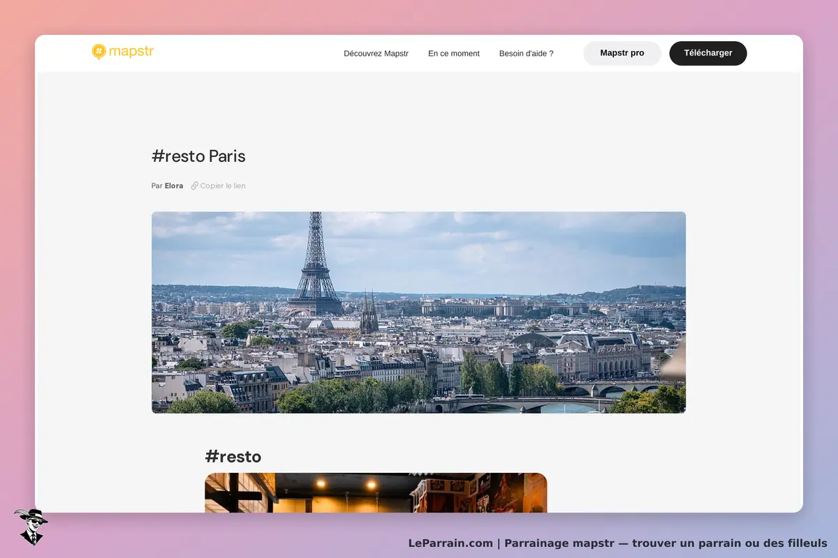 mapstr : page présentant des restaurants à Paris avec une photo de la Tour Eiffel