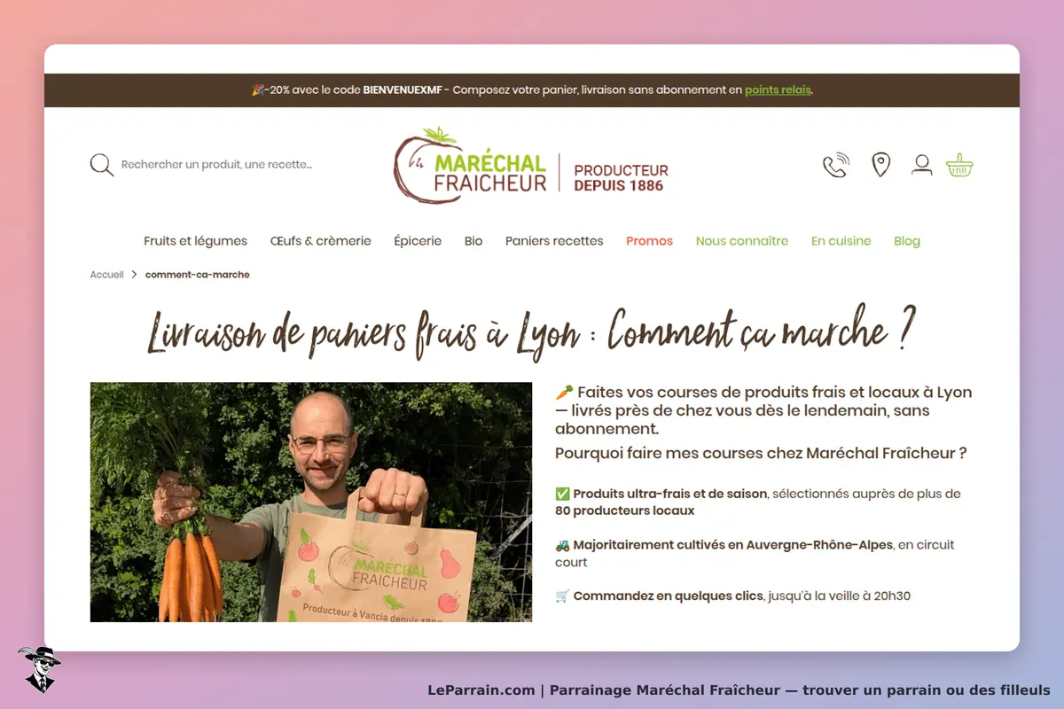 Maréchal Fraîcheur : un homme tenant des carottes et un sac avec le logo de la marque