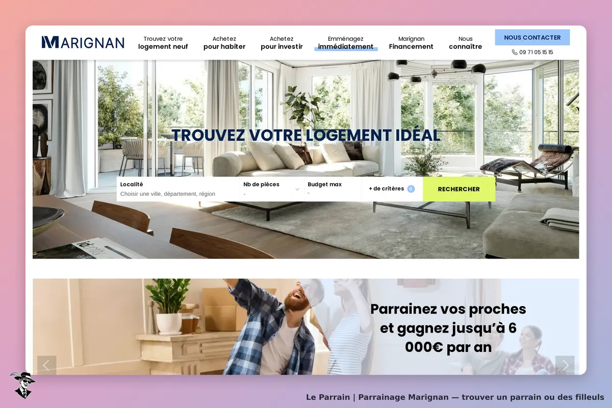 Marignan : page d'accueil avec un formulaire de recherche de logement et une image d'intérieur