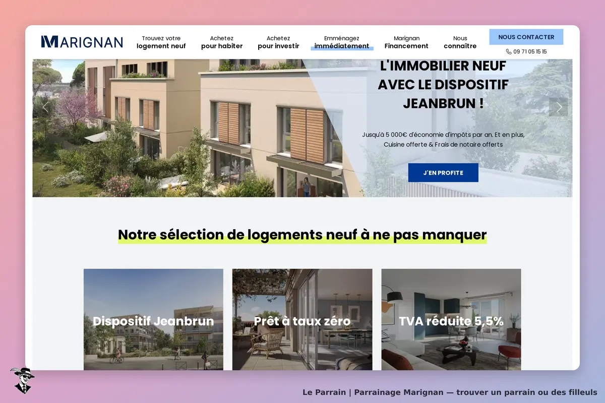 Marignan : page d'accueil présentant des logements neufs et divers dispositifs immobiliers