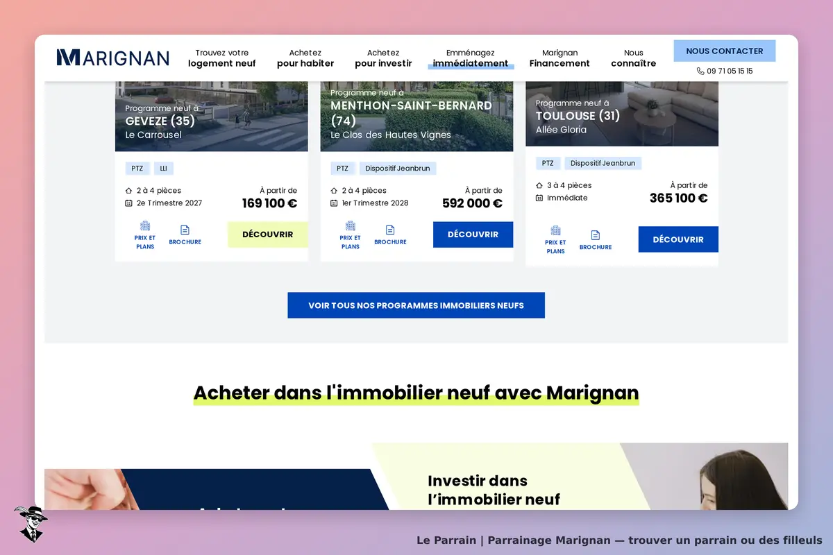 Marignan : page d'accueil présentant plusieurs programmes immobiliers neufs avec options