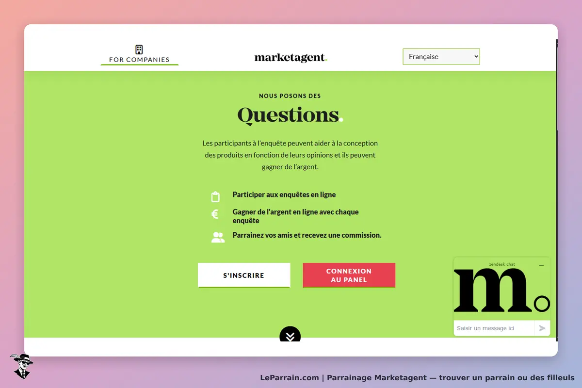Marketagent : page d'accueil avec options de participation et boutons d'inscription