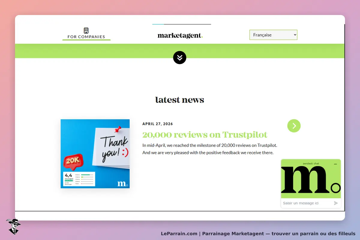 Marketagent : page d'accueil avec les dernières nouvelles et un message de remerciement