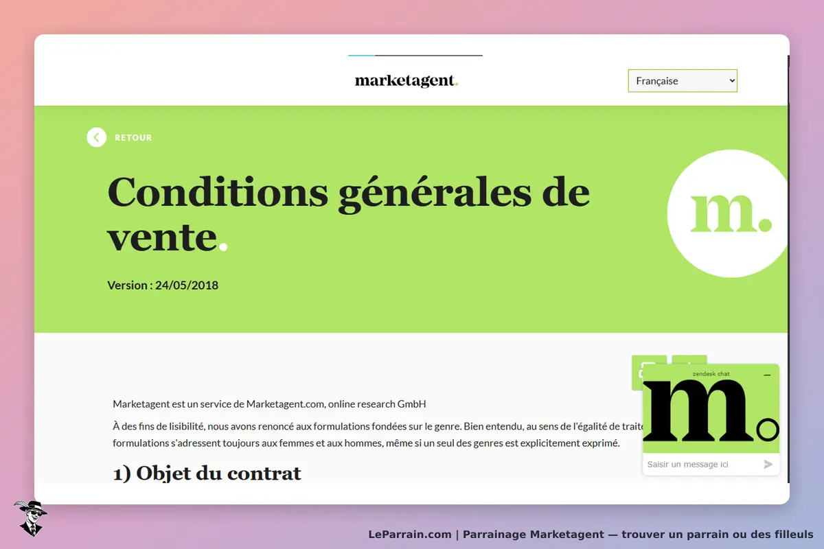 Marketagent : page des conditions générales de vente avec un chat en ligne