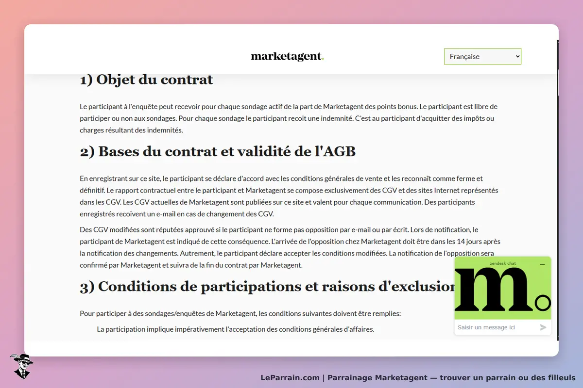 Marketagent : texte sur les conditions de participation et objet du contrat sur la page d'accueil