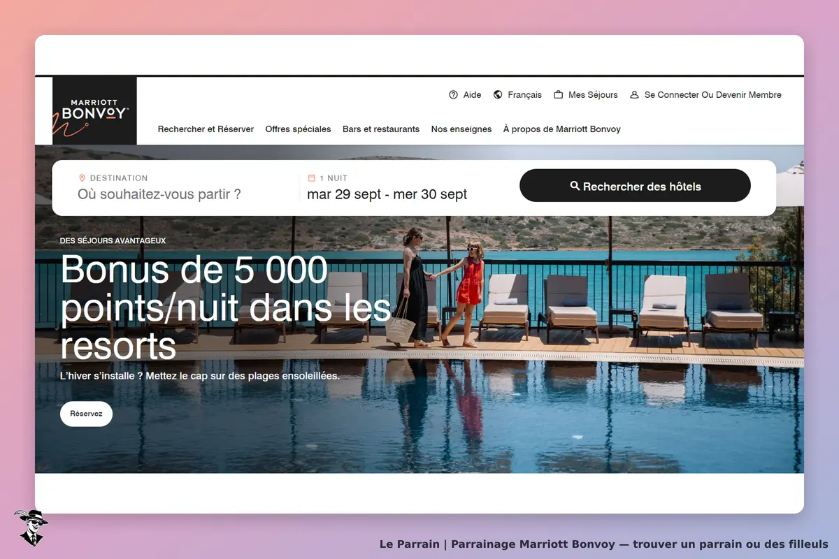 Marriott Bonvoy : page d'accueil avec une image de deux femmes au bord d'une piscine