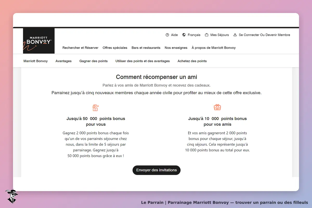 Marriott Bonvoy : page sur le parrainage avec explications et bouton d'envoi d'invitations