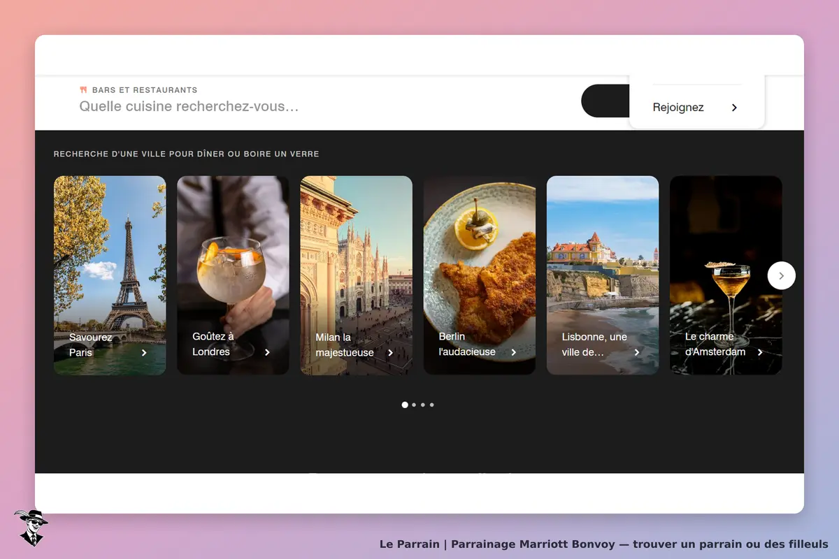 Marriott Bonvoy : page d'accueil avec options de restaurants et images de différentes villes