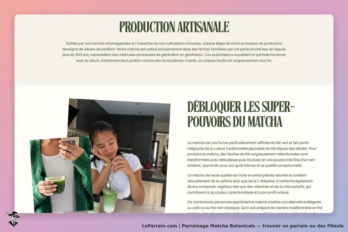 Matcha Botanicals : page d'accueil avec texte sur la production artisanale et images de matcha