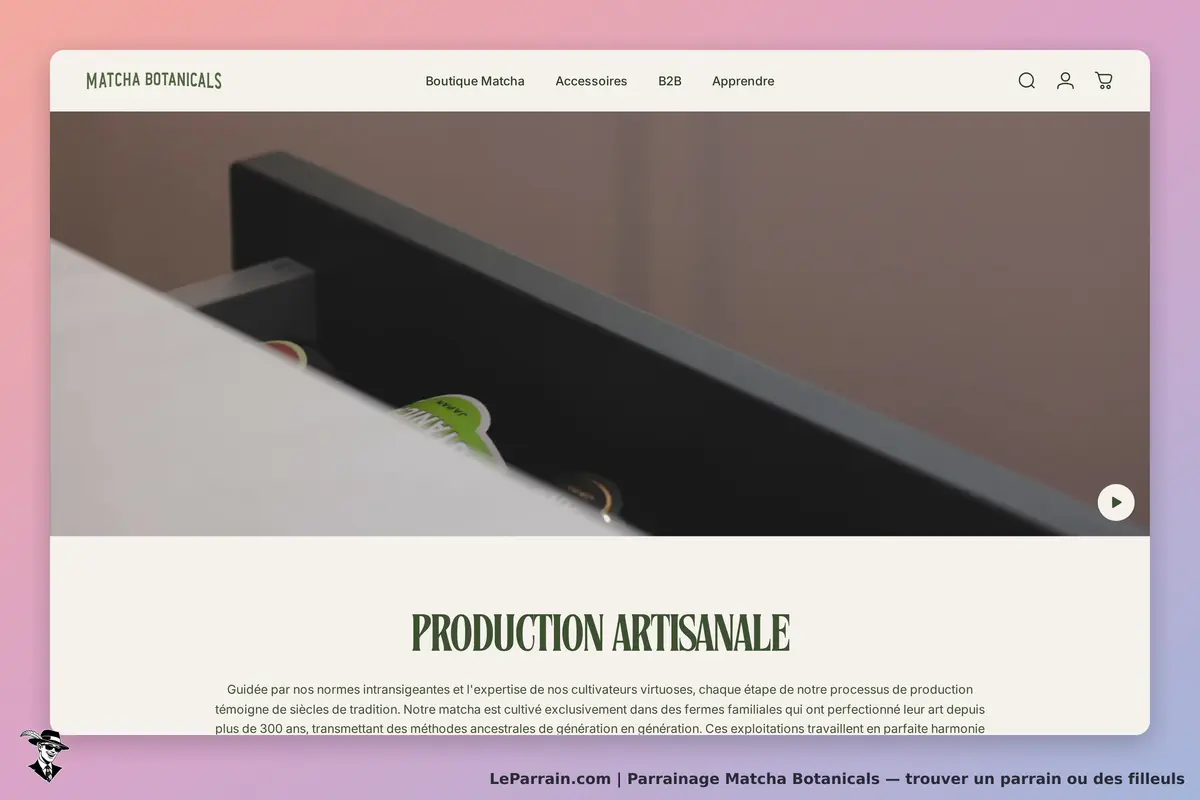 Matcha Botanicals : vue de la page d'accueil avec un tiroir contenant des produits